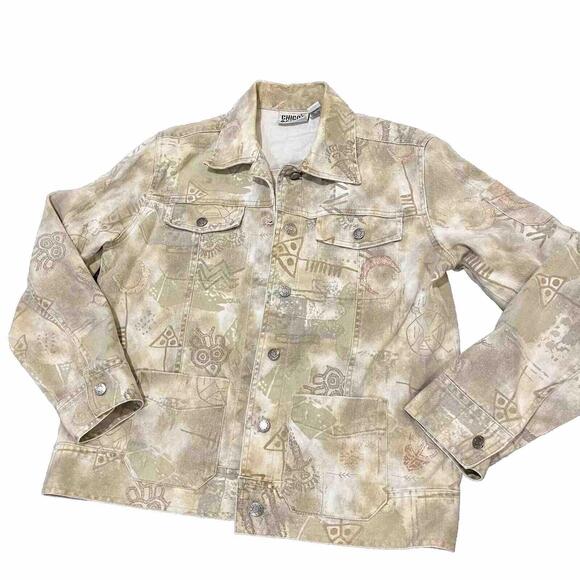 Chicos 0 Womens Art to Wear Jacket Lightweight Denim Primitive Drawings Aztec - Picture 1 of 7